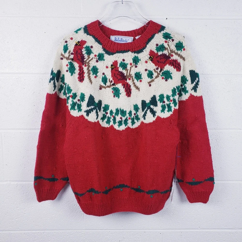Vintage 90s BellePointe Sweater Red Cardinal Christmas Holiday Chunky Knit‎ XL